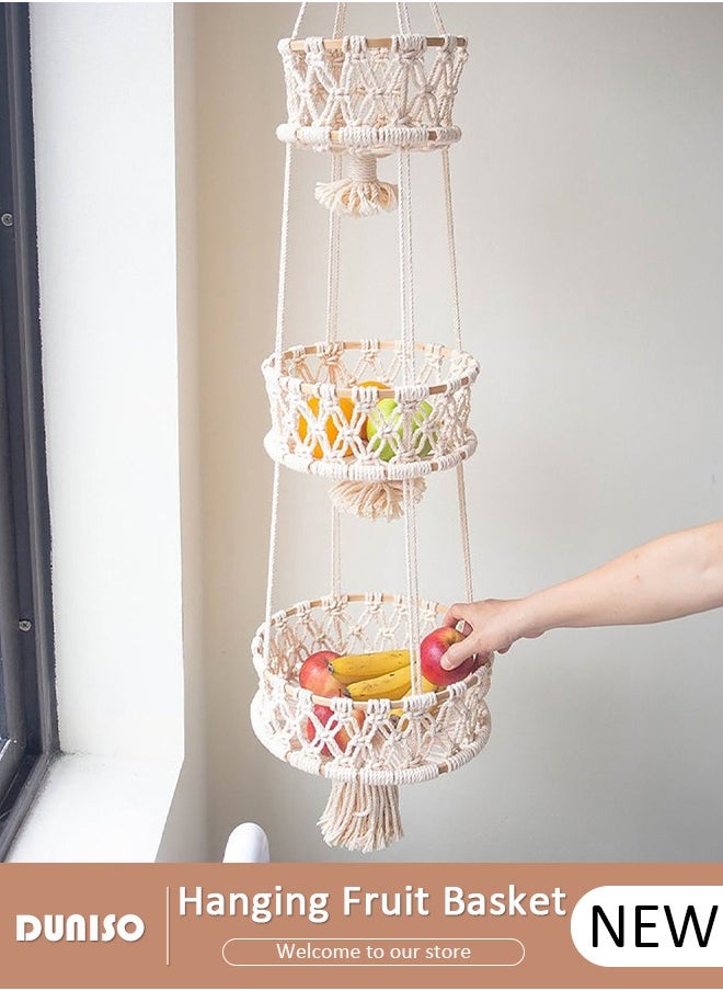 3 Tiers Hanging Fruit Basket, Boho Handwoven Hanging Basket, Wall Hanging Fruit Organizer, Indoor Planter Hangers, Woven Basket for Home, Kitchen, Multifunctional Storage Basket for Fruit, Vegetables, Snacks