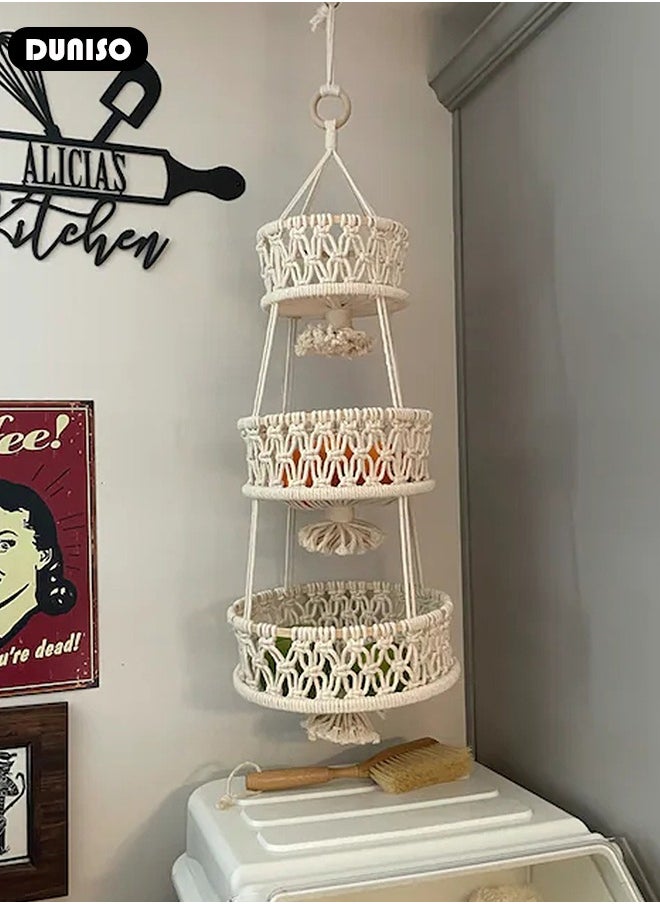 3 Tiers Hanging Fruit Basket, Boho Handwoven Hanging Basket, Wall Hanging Fruit Organizer, Indoor Planter Hangers, Woven Basket for Home, Kitchen, Multifunctional Storage Basket for Fruit, Vegetables, Snacks