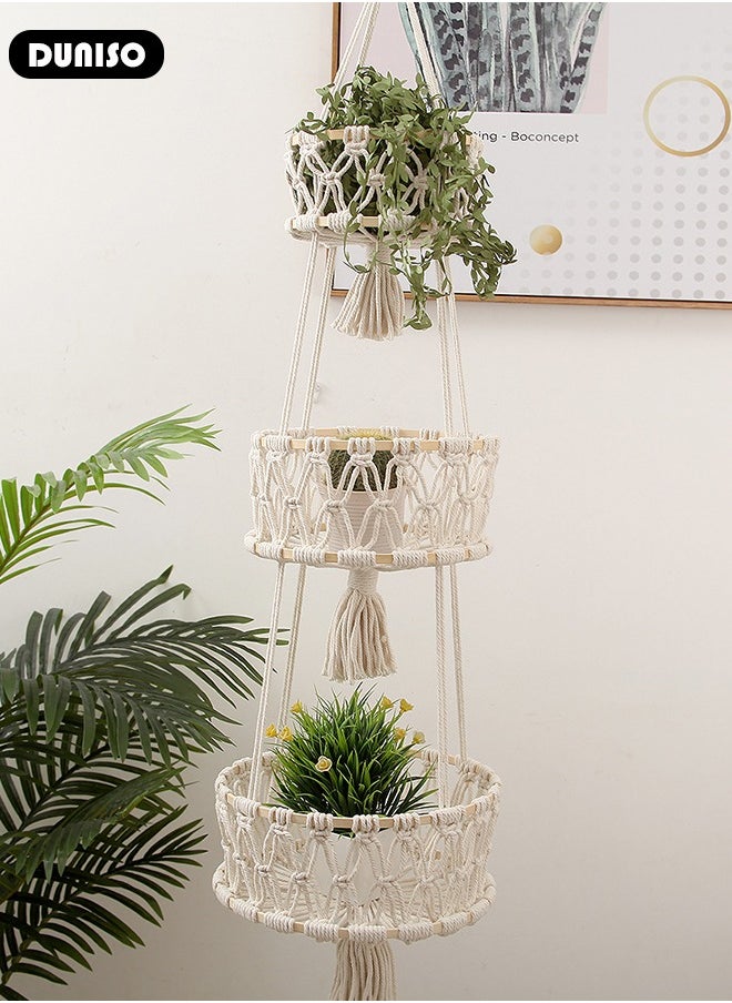 3 Tiers Hanging Fruit Basket, Boho Handwoven Hanging Basket, Wall Hanging Fruit Organizer, Indoor Planter Hangers, Woven Basket for Home, Kitchen, Multifunctional Storage Basket for Fruit, Vegetables, Snacks