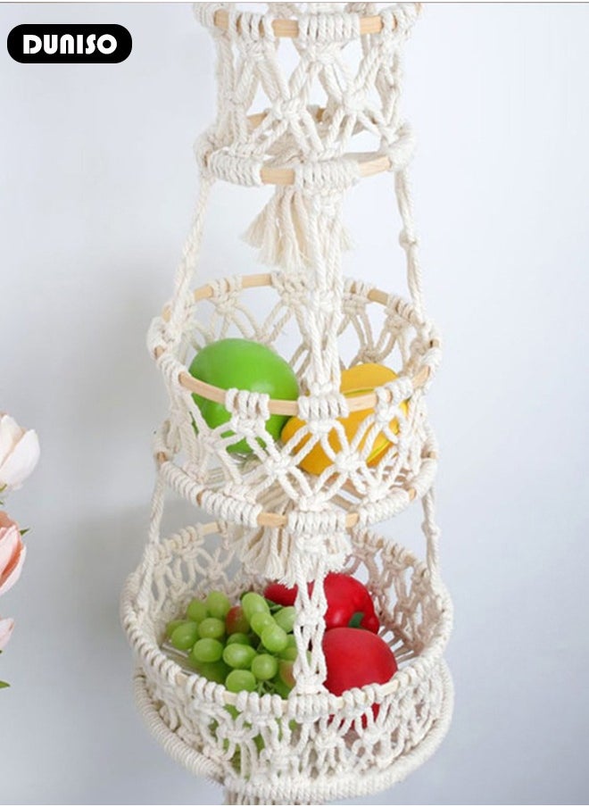 3 Tiers Hanging Fruit Basket, Boho Handwoven Hanging Basket, Wall Hanging Fruit Organizer, Indoor Planter Hangers, Woven Basket for Home, Kitchen, Multifunctional Storage Basket for Fruit, Vegetables, Snacks