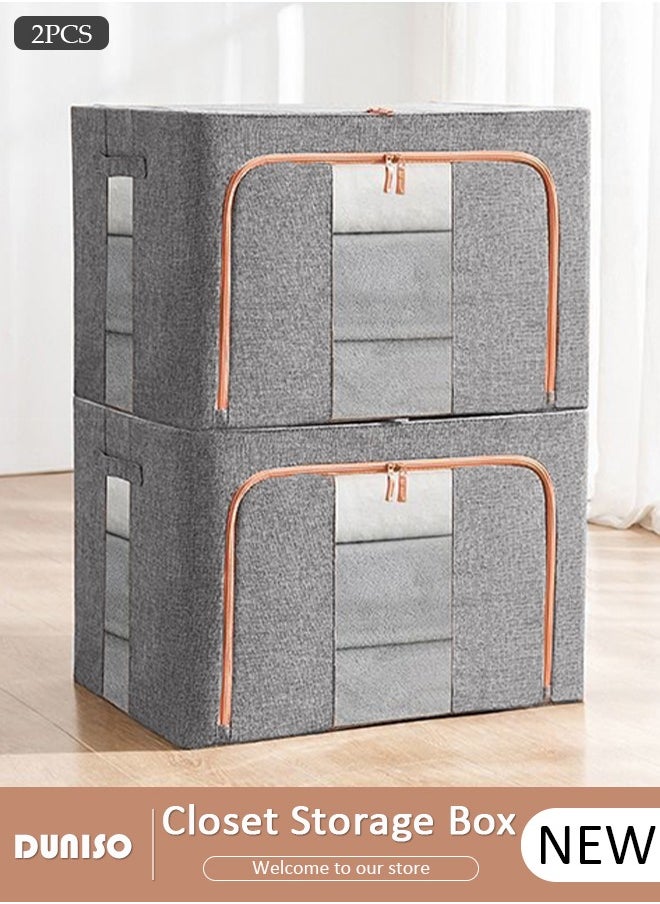 2 Pack Closet Storage Box with Metal Frame, Stackable Flodable Closet Container Organizer with Lids Handle Double & Zippers, Large Capacity Wardrobe Clothes Storage Box with Clear Window for Blanket, Bedding, Clothes, Comforter