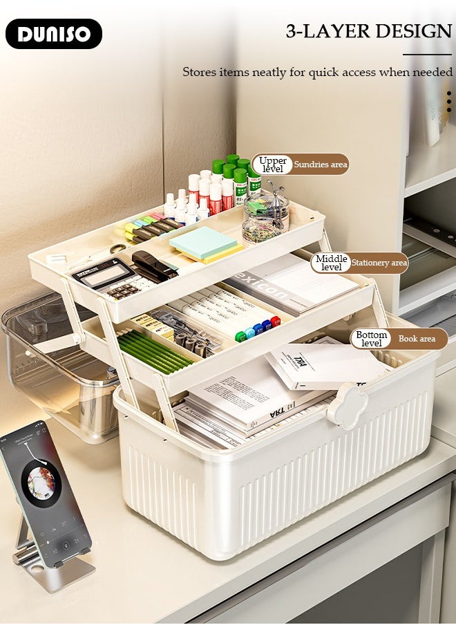 Family Medicine Storage Box Container, 3 Layers Folding First Aid Box Organizer with Locking Lid Handle, Multipurpose Durable Craft Tool Case Plastic Professional Emergency Bin for Home Travel Car Camping Office