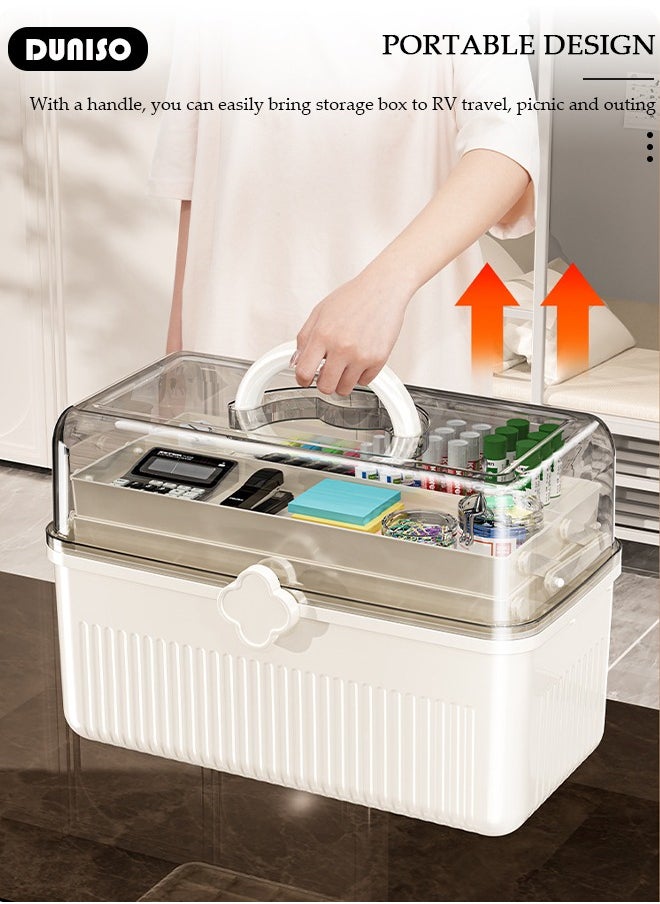Family Medicine Storage Box Container, 3 Layers Folding First Aid Box Organizer with Locking Lid Handle, Multipurpose Durable Craft Tool Case Plastic Professional Emergency Bin for Home Travel Car Camping Office