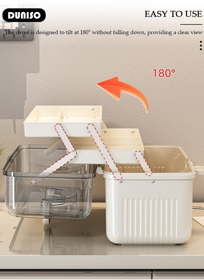 Family Medicine Storage Box Container, 3 Layers Folding First Aid Box Organizer with Locking Lid Handle, Multipurpose Durable Craft Tool Case Plastic Professional Emergency Bin for Home Travel Car Camping Office
