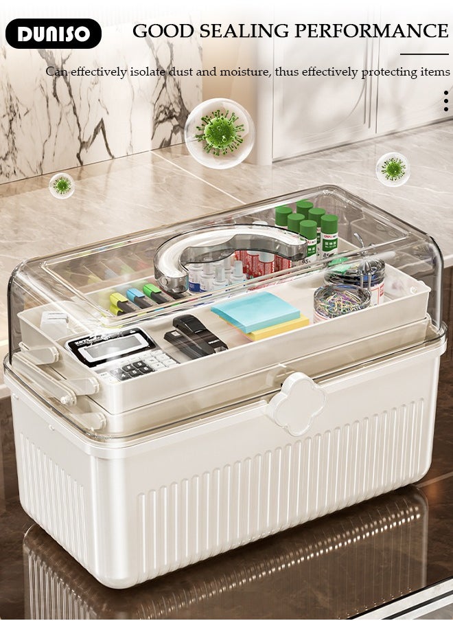 Family Medicine Storage Box Container, 3 Layers Folding First Aid Box Organizer with Locking Lid Handle, Multipurpose Durable Craft Tool Case Plastic Professional Emergency Bin for Home Travel Car Camping Office