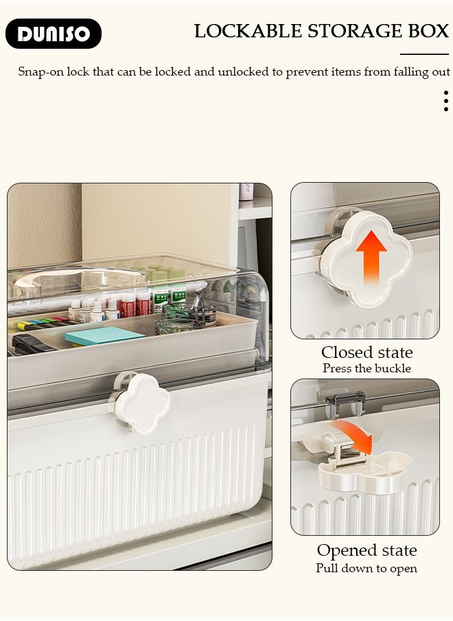 Family Medicine Storage Box Container, 3 Layers Folding First Aid Box Organizer with Locking Lid Handle, Multipurpose Durable Craft Tool Case Plastic Professional Emergency Bin for Home Travel Car Camping Office