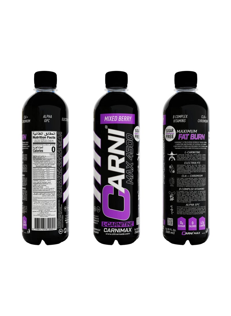 CARNIMAX 4500 L-CARNITINE  Mixed Berry - Maximum Fat Burn L-Carnitine with Electrolytes, CLA, Chromium, B Complex Vitamins & Alpha GPC - Zero Sugar, 500ml Pack of 12