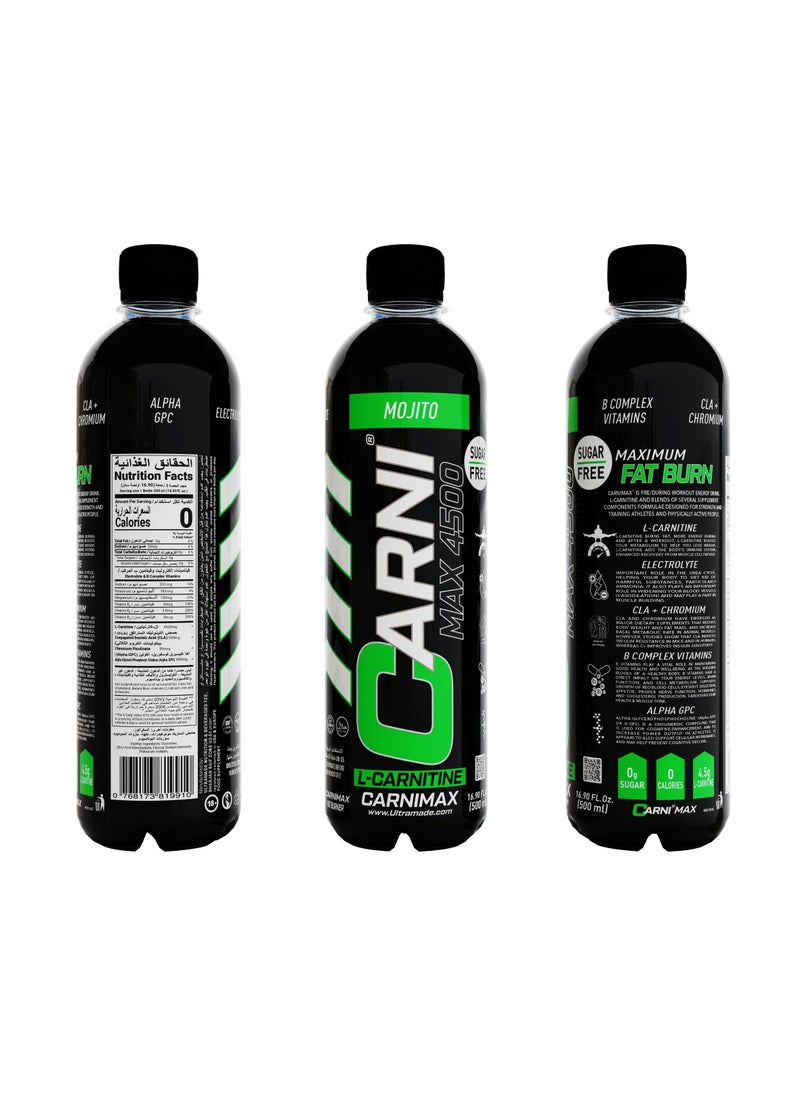 C5 CARNIMAX Mojito - L-CARNITINE Maximum Fat Burn L-Carnitine with Electrolytes, CLA, Chromium, B Complex Vitamins & Alpha GPC - Zero Sugar, 500ml Pack of 12