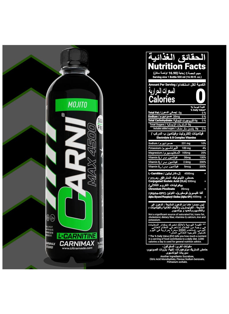 C5 CARNIMAX Mojito - L-CARNITINE Maximum Fat Burn L-Carnitine with Electrolytes, CLA, Chromium, B Complex Vitamins & Alpha GPC - Zero Sugar, 500ml Pack of 12