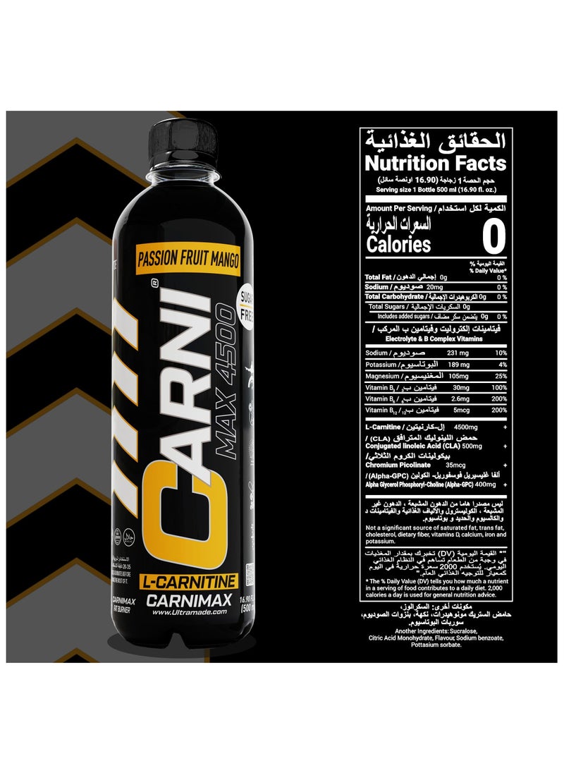 CARNIMAX 4500 L-CARNITINE  Passion Fruit Mango - Maximum Fat Burn L-Carnitine with Electrolytes, CLA, Chromium, B Complex Vitamins & Alpha GPC - Zero Sugar, 500ml Pack of 12