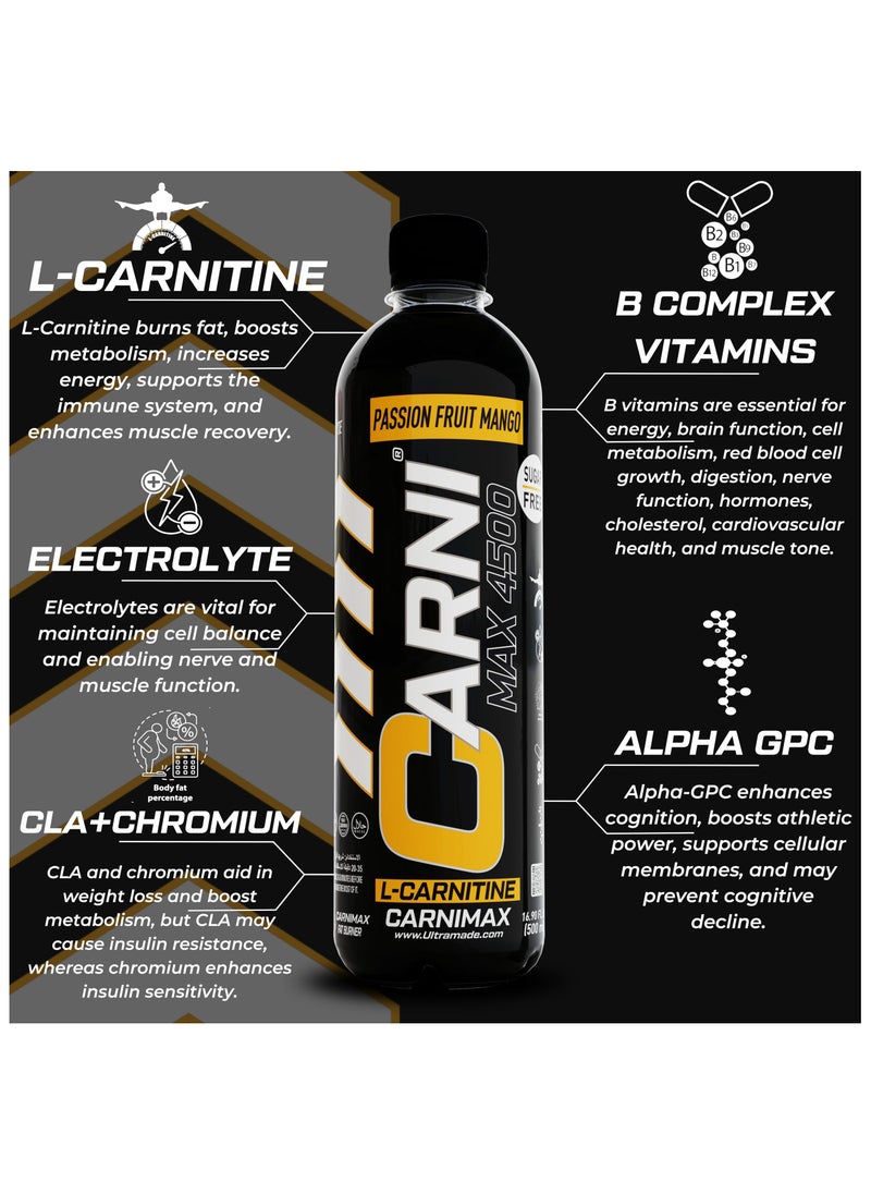 CARNIMAX 4500 L-CARNITINE  Passion Fruit Mango - Maximum Fat Burn L-Carnitine with Electrolytes, CLA, Chromium, B Complex Vitamins & Alpha GPC - Zero Sugar, 500ml Pack of 12