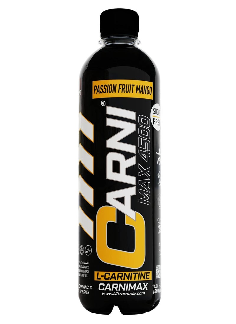 CARNIMAX 4500 L-CARNITINE  Passion Fruit Mango - Maximum Fat Burn L-Carnitine with Electrolytes, CLA, Chromium, B Complex Vitamins & Alpha GPC - Zero Sugar, 500ml Pack of 12