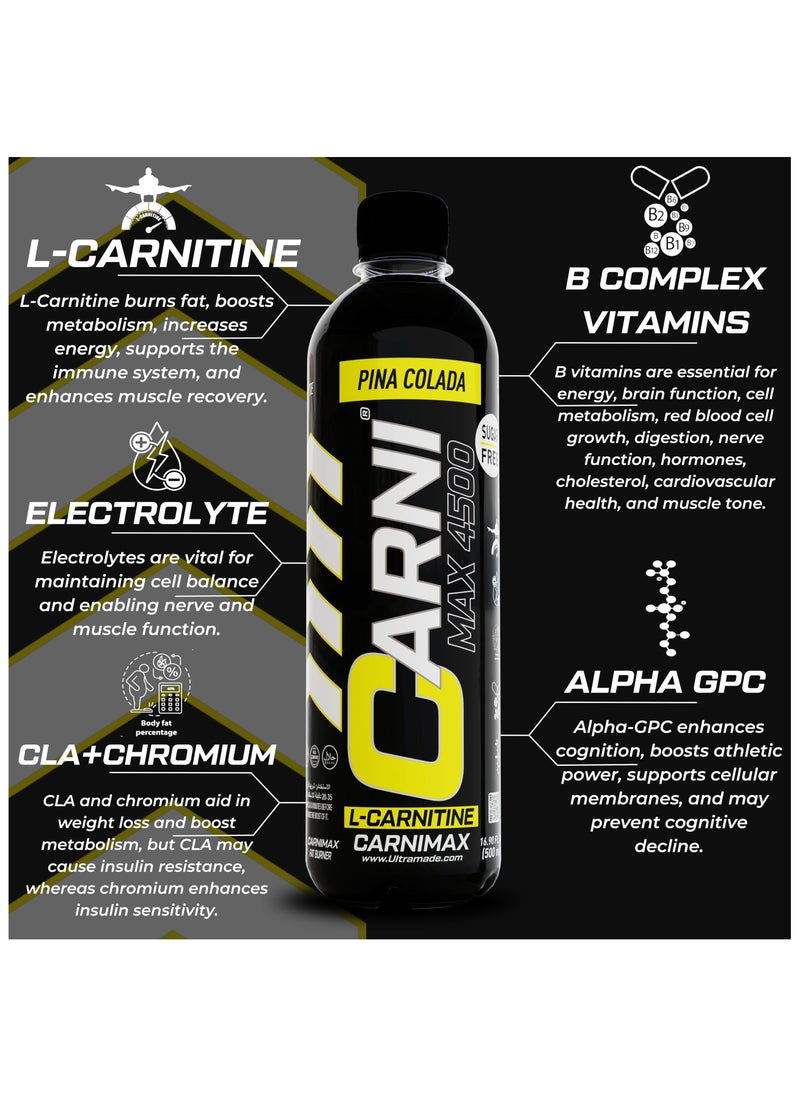 C5 CARNIMAX Pina Colada - L-CARNITINE Maximum Fat Burn L-Carnitine with Electrolytes, CLA, Chromium, B Complex Vitamins & Alpha GPC - Zero Sugar, 500ml Pack of 12