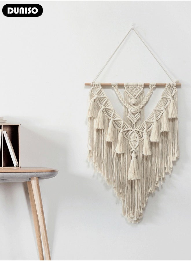 Macrame Wall Hanging, Hand Woven Boho Tapestry, Home Wall Decor, Geometric Woven Hanging Tapestry with Long Tassel for Bedroom Living Room Apartment Wedding Party