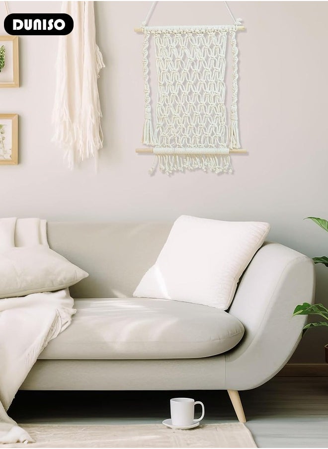 Macrame Wall Hanging, Hand Woven Boho Tapestry, Woven Hanging Tapestry with Tassels, Multifunctional Hanging Organizer, Wall Hanging Magazine Holder, Plant Hanger Stand for Bedroom Living Room Apartment Wedding Party