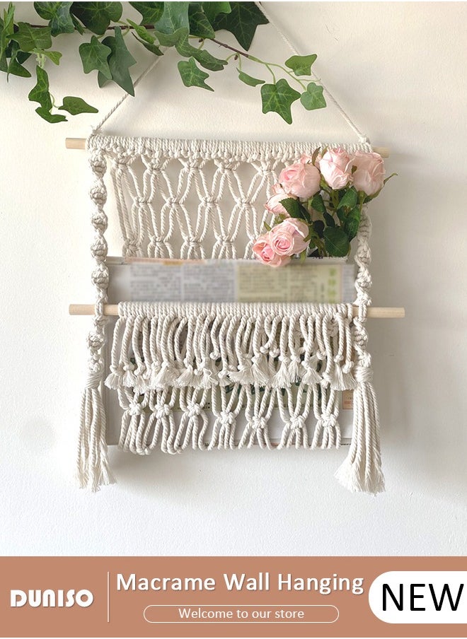 Macrame Wall Hanging, Hand Woven Boho Tapestry, Woven Hanging Tapestry with Tassels, Multifunctional Hanging Organizer, Wall Hanging Magazine Holder, Plant Hanger Stand for Bedroom Living Room Apartment Wedding Party