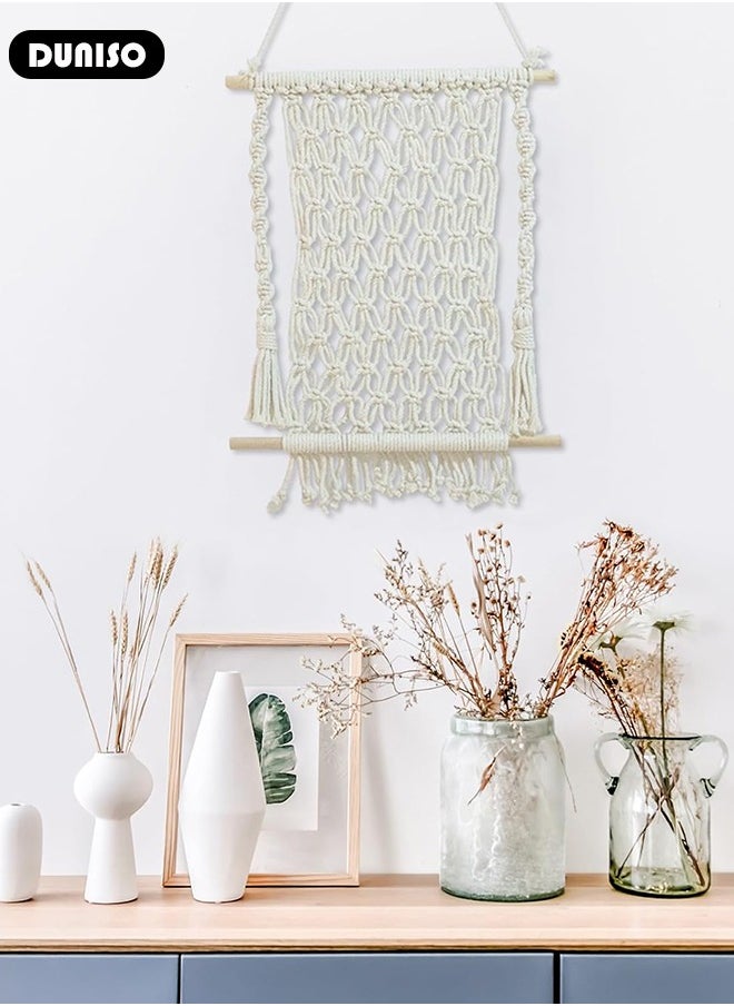 Macrame Wall Hanging, Hand Woven Boho Tapestry, Woven Hanging Tapestry with Tassels, Multifunctional Hanging Organizer, Wall Hanging Magazine Holder, Plant Hanger Stand for Bedroom Living Room Apartment Wedding Party