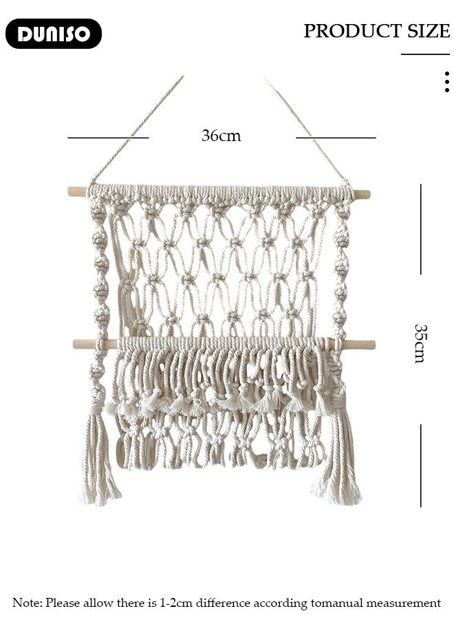 Macrame Wall Hanging, Hand Woven Boho Tapestry, Woven Hanging Tapestry with Tassels, Multifunctional Hanging Organizer, Wall Hanging Magazine Holder, Plant Hanger Stand for Bedroom Living Room Apartment Wedding Party