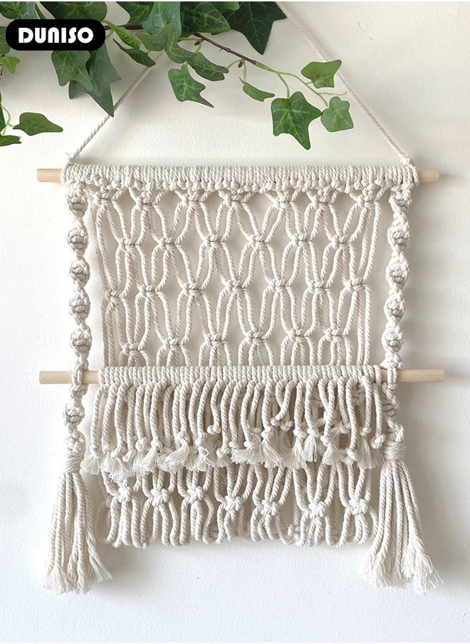 Macrame Wall Hanging, Hand Woven Boho Tapestry, Woven Hanging Tapestry with Tassels, Multifunctional Hanging Organizer, Wall Hanging Magazine Holder, Plant Hanger Stand for Bedroom Living Room Apartment Wedding Party