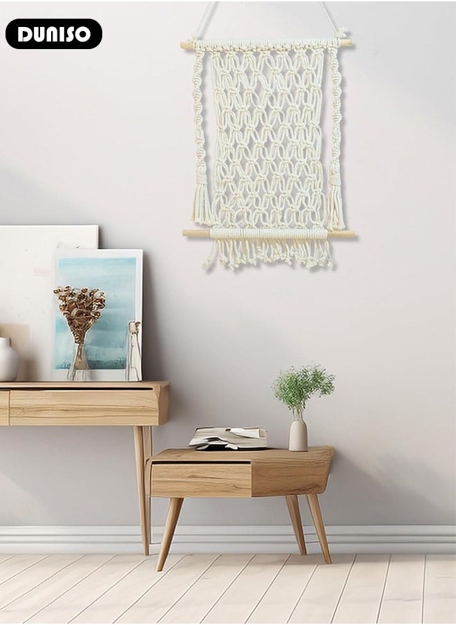 Macrame Wall Hanging, Hand Woven Boho Tapestry, Woven Hanging Tapestry with Tassels, Multifunctional Hanging Organizer, Wall Hanging Magazine Holder, Plant Hanger Stand for Bedroom Living Room Apartment Wedding Party