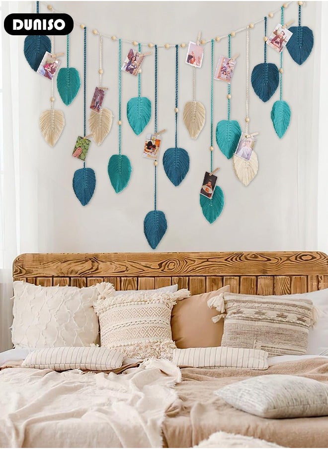 Macrame Wall Hanging, Hand Woven Boho Tapestry, Multifunctional Wall Hanging Decor Leaves Tapestry, Woven Hanging Tapestry with Wooden Clip for Bedroom, Living Room, Gallery Background
