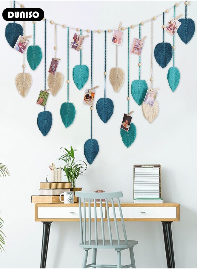 Macrame Wall Hanging, Hand Woven Boho Tapestry, Multifunctional Wall Hanging Decor Leaves Tapestry, Woven Hanging Tapestry with Wooden Clip for Bedroom, Living Room, Gallery Background