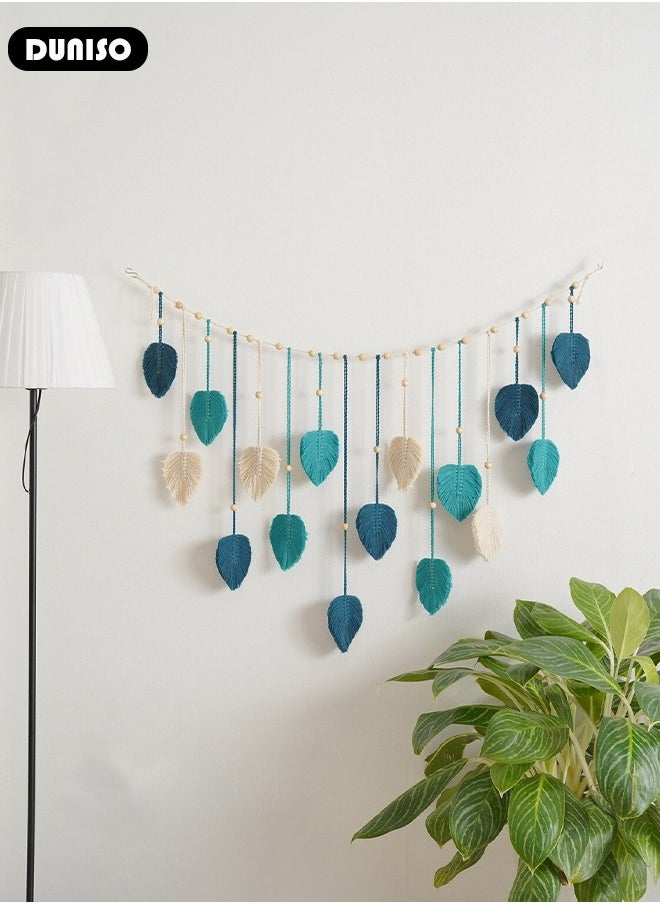 Macrame Wall Hanging, Hand Woven Boho Tapestry, Multifunctional Wall Hanging Decor Leaves Tapestry, Woven Hanging Tapestry with Wooden Clip for Bedroom, Living Room, Gallery Background