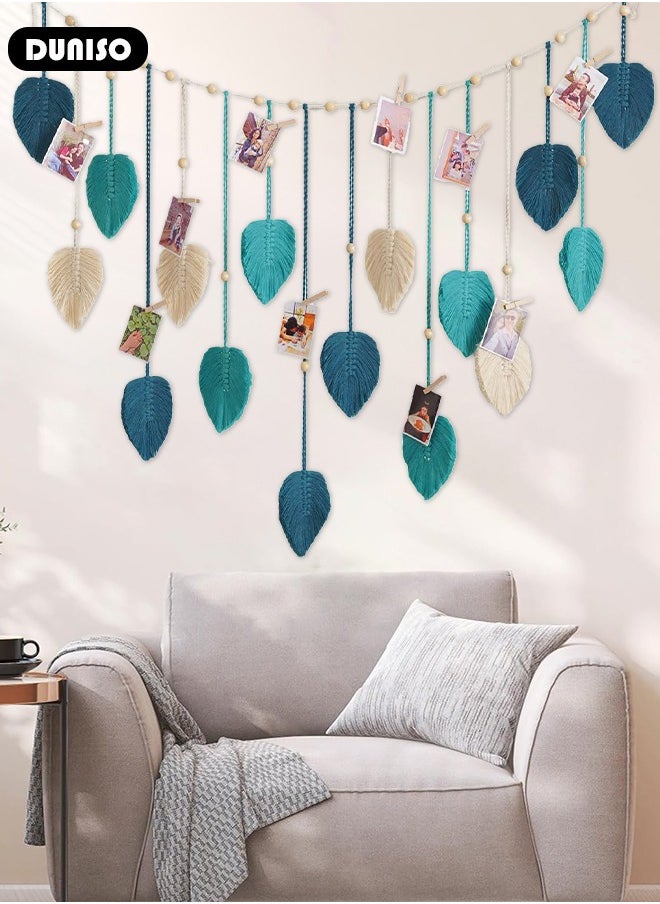 Macrame Wall Hanging, Hand Woven Boho Tapestry, Multifunctional Wall Hanging Decor Leaves Tapestry, Woven Hanging Tapestry with Wooden Clip for Bedroom, Living Room, Gallery Background