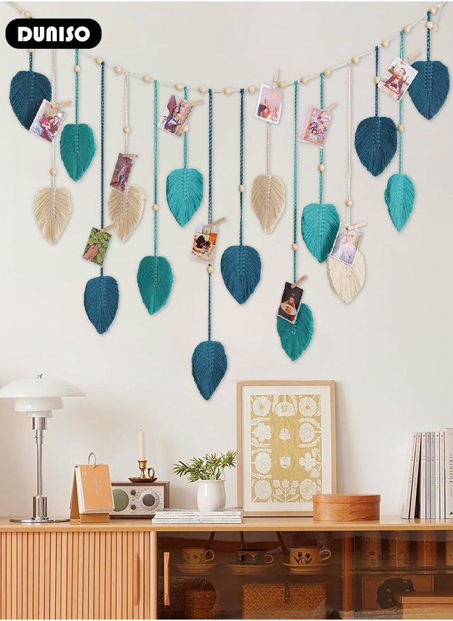 Macrame Wall Hanging, Hand Woven Boho Tapestry, Multifunctional Wall Hanging Decor Leaves Tapestry, Woven Hanging Tapestry with Wooden Clip for Bedroom, Living Room, Gallery Background