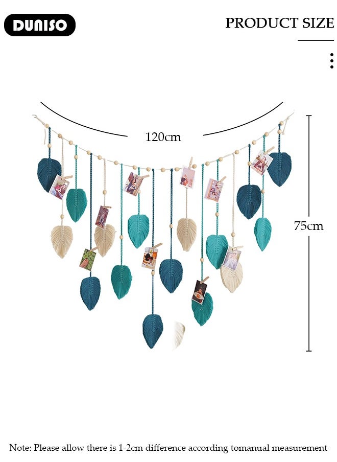 Macrame Wall Hanging, Hand Woven Boho Tapestry, Multifunctional Wall Hanging Decor Leaves Tapestry, Woven Hanging Tapestry with Wooden Clip for Bedroom, Living Room, Gallery Background
