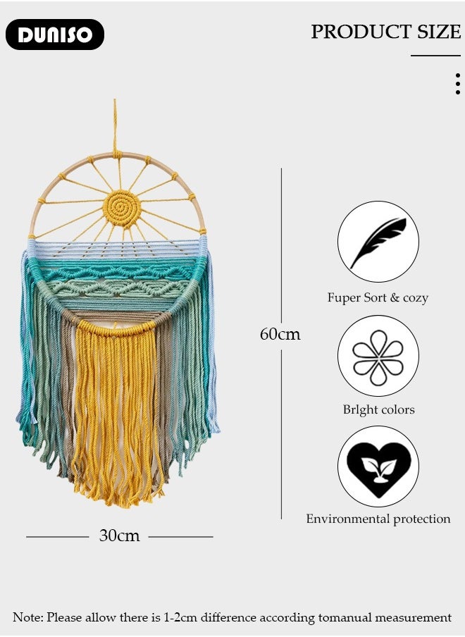 Macrame Wall Hanging, Hand Woven Boho Tapestry, Sun Wall Decor Dream Catcher, Woven Hanging Tapestry with Tassels for Bedroom Living Room Apartment Wedding Party