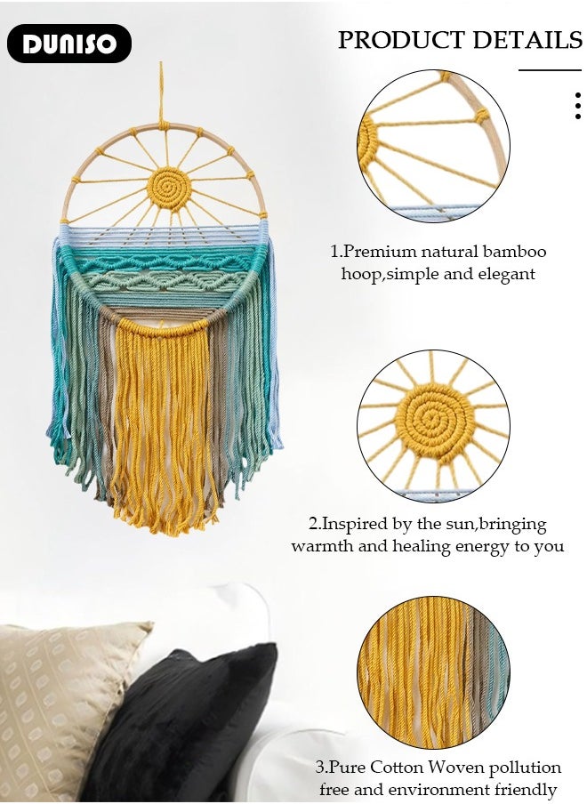 Macrame Wall Hanging, Hand Woven Boho Tapestry, Sun Wall Decor Dream Catcher, Woven Hanging Tapestry with Tassels for Bedroom Living Room Apartment Wedding Party