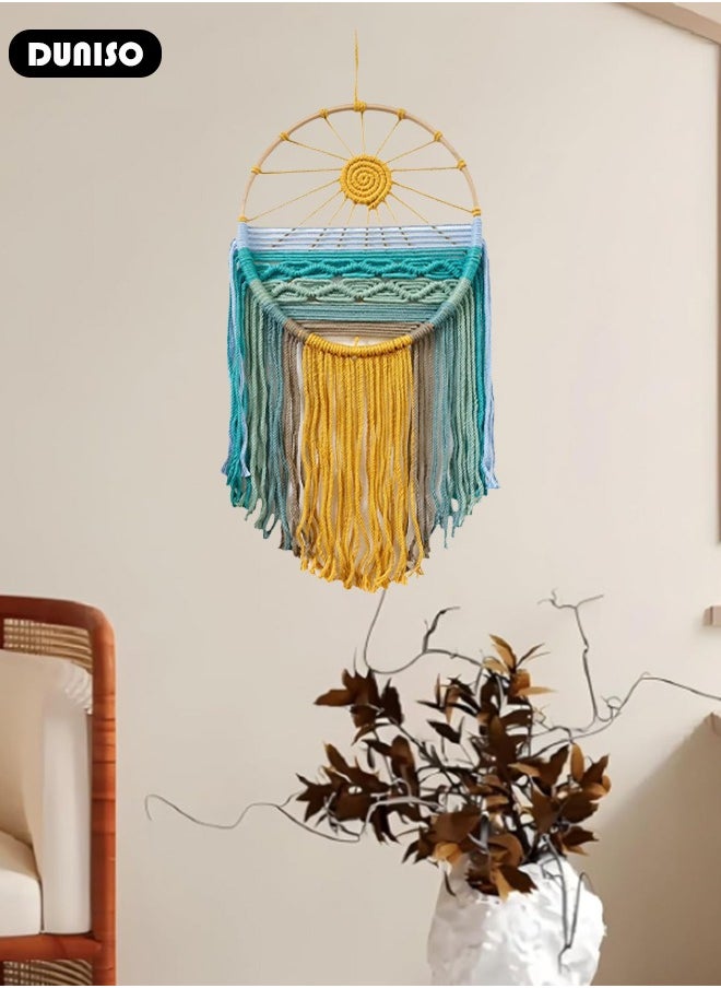 Macrame Wall Hanging, Hand Woven Boho Tapestry, Sun Wall Decor Dream Catcher, Woven Hanging Tapestry with Tassels for Bedroom Living Room Apartment Wedding Party