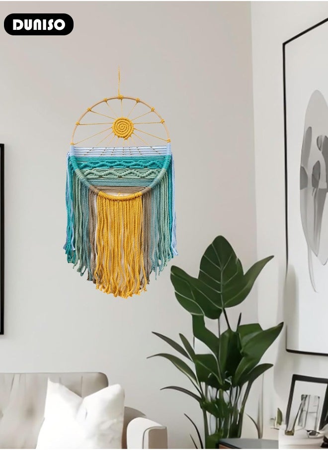 Macrame Wall Hanging, Hand Woven Boho Tapestry, Sun Wall Decor Dream Catcher, Woven Hanging Tapestry with Tassels for Bedroom Living Room Apartment Wedding Party