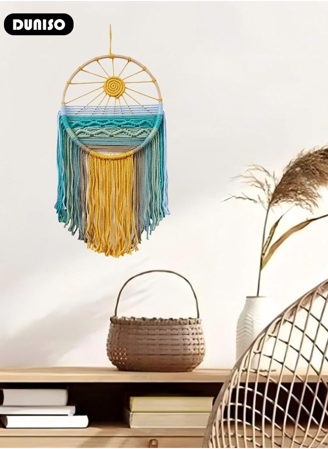 Macrame Wall Hanging, Hand Woven Boho Tapestry, Sun Wall Decor Dream Catcher, Woven Hanging Tapestry with Tassels for Bedroom Living Room Apartment Wedding Party