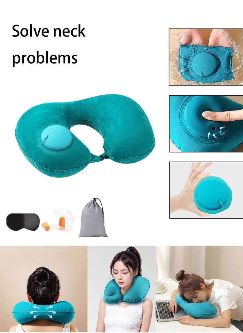 Inflatable U-shaped Neck Pillow for Travel, Airplane, Office - Portable and Comfortable with Earplugs and Eye Mask Set of Four