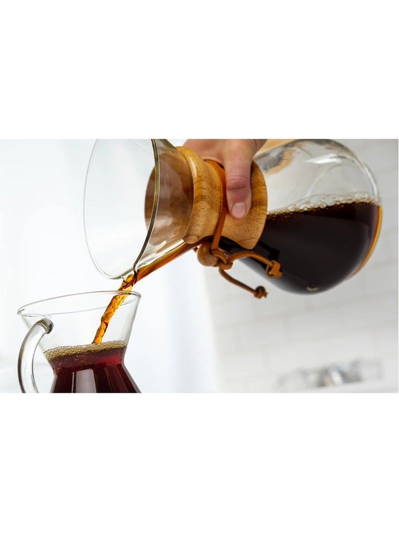 6 Cup Classic Coffee Maker, Borosilicate Glass with A Polished Wood Collar and Leather Tie - 30oz