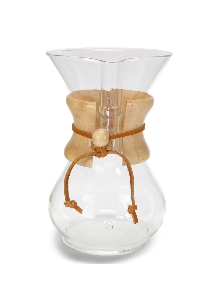 6 Cup Classic Coffee Maker, Borosilicate Glass with A Polished Wood Collar and Leather Tie - 30oz