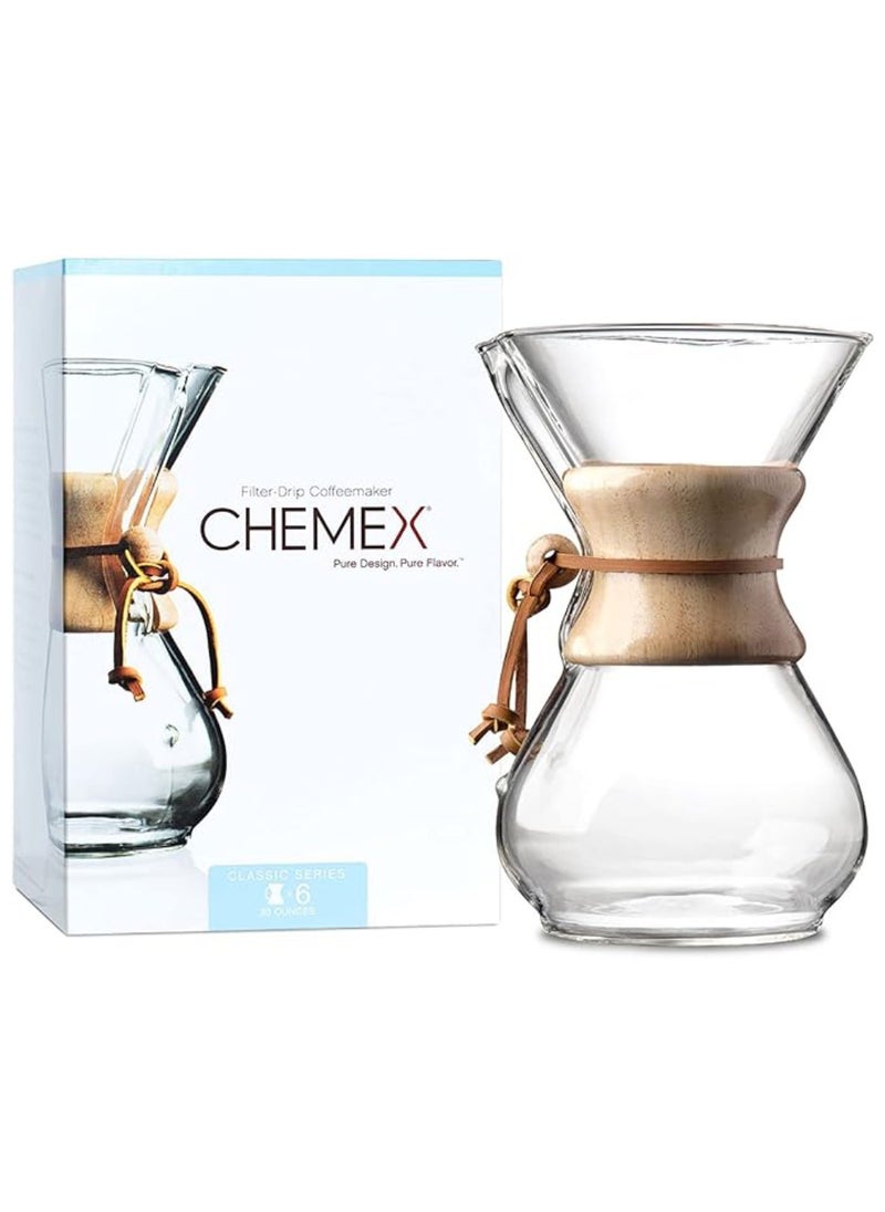 6 Cup Classic Coffee Maker, Borosilicate Glass with A Polished Wood Collar and Leather Tie - 30oz