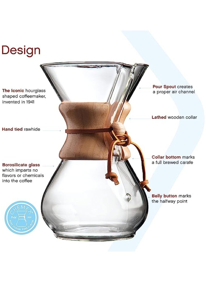 6 Cup Classic Coffee Maker, Borosilicate Glass with A Polished Wood Collar and Leather Tie - 30oz