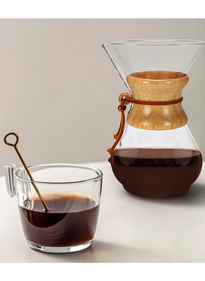 6 Cup Classic Coffee Maker, Borosilicate Glass with A Polished Wood Collar and Leather Tie - 30oz