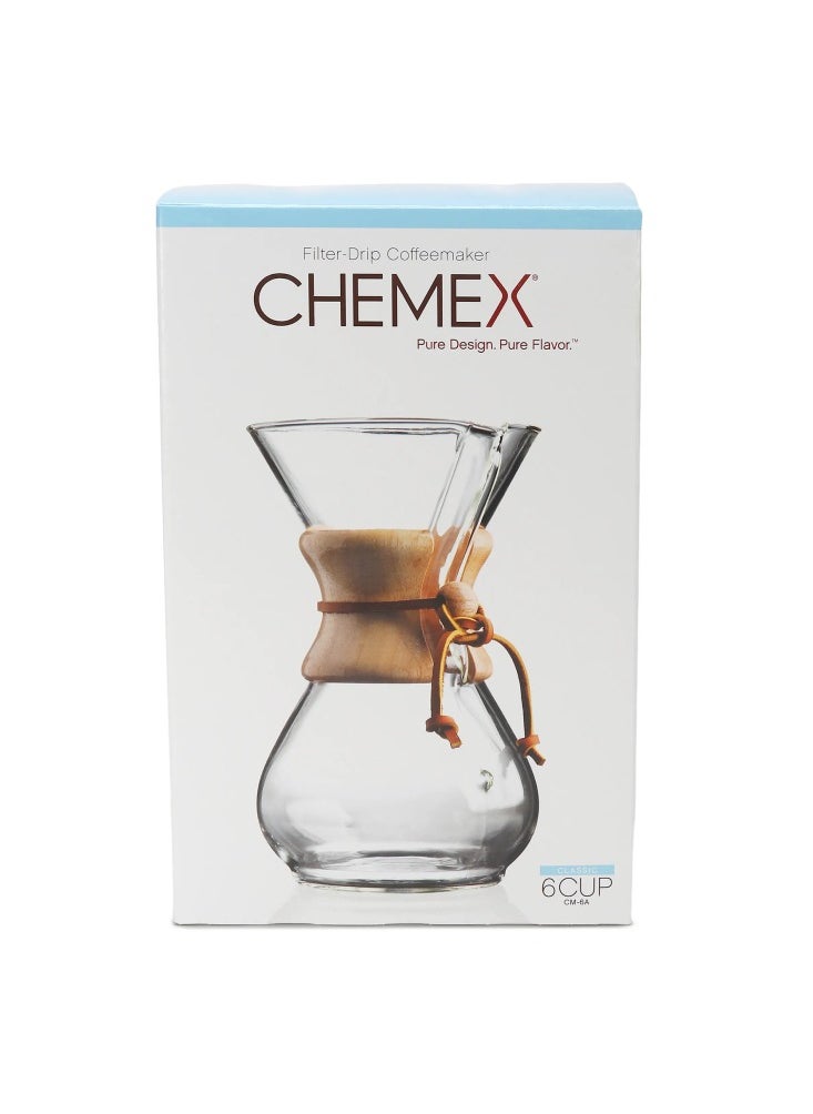 6 Cup Classic Coffee Maker, Borosilicate Glass with A Polished Wood Collar and Leather Tie - 30oz