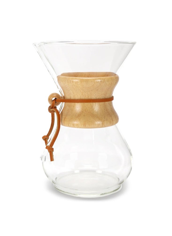 6 Cup Classic Coffee Maker, Borosilicate Glass with A Polished Wood Collar and Leather Tie - 30oz