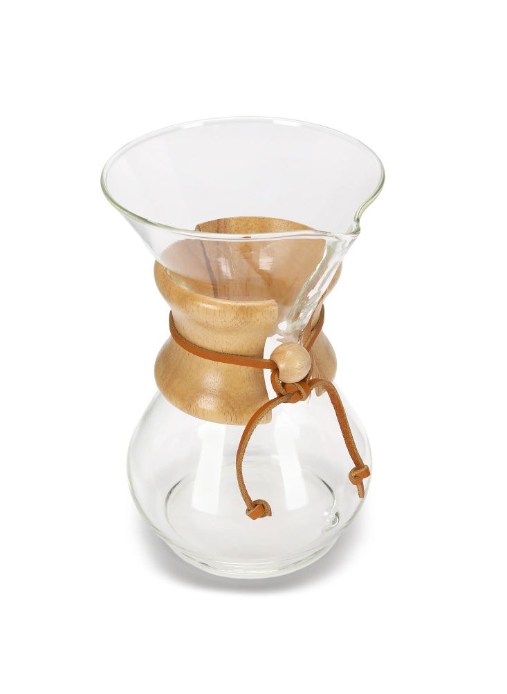 6 Cup Classic Coffee Maker, Borosilicate Glass with A Polished Wood Collar and Leather Tie - 30oz