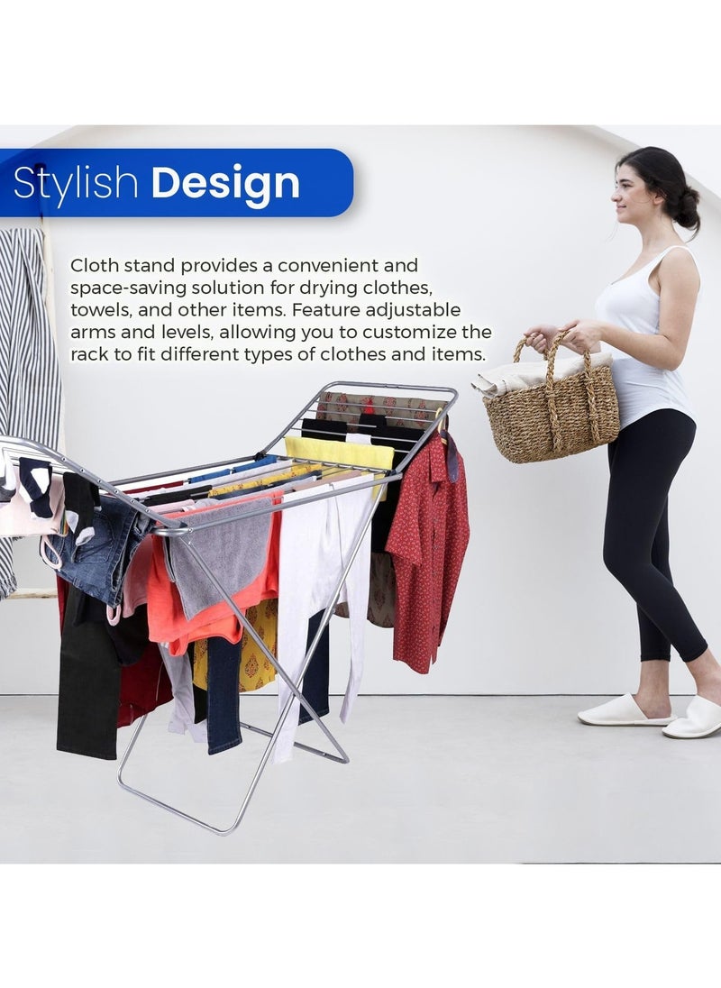 Steel X Leg Indoor Cloth Dryer, Clothes Drying Stand with Adjustable Folding Wings, Clothes Rack for Drying Clothes Silver