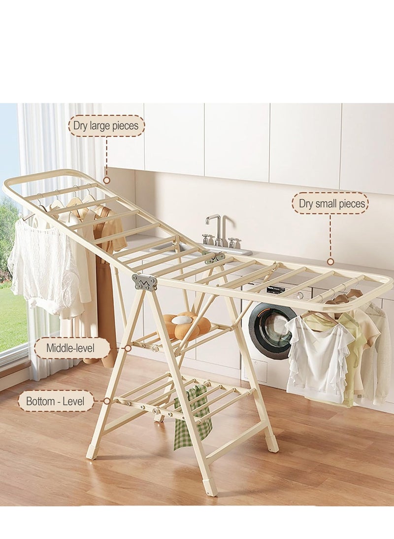 Clothes Drying Rack,59 Inches Foldable Premium Carbon Steel Drying Rack,Free-Standing Large Laundry Drying Rack Indoor Outdoor with Height-Adjustable Wings, Windproof Strip
