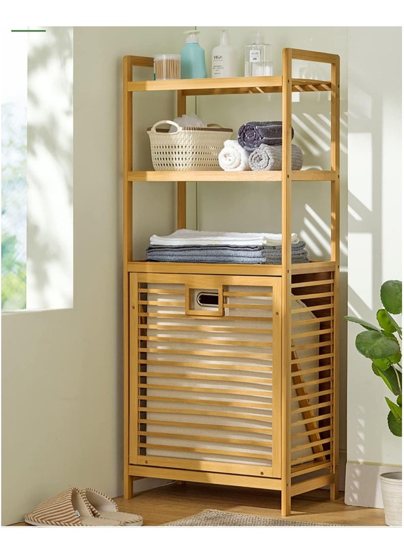 Bamboo Laundry Hamper Basket with Liner Bag Storage Dirty Clothes Tilt Out Baskets Section with Handles 3-Tier Shelves Organizer Hampers for Bedroom Bathroom Living Room