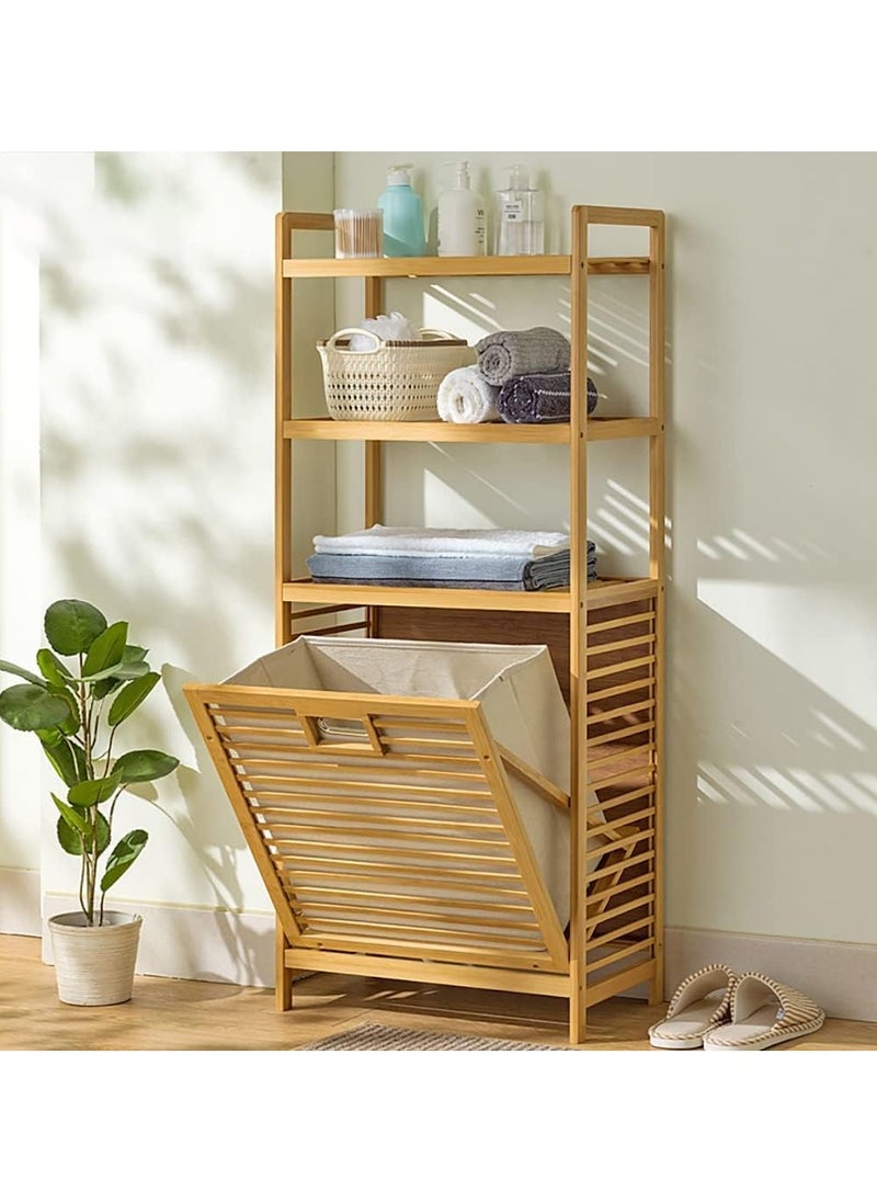 Bamboo Laundry Hamper Basket with Liner Bag Storage Dirty Clothes Tilt Out Baskets Section with Handles 3-Tier Shelves Organizer Hampers for Bedroom Bathroom Living Room