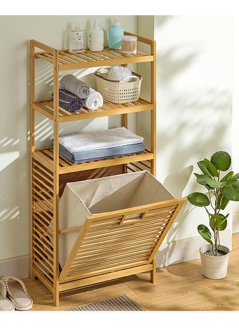 Bamboo Laundry Hamper Basket with Liner Bag Storage Dirty Clothes Tilt Out Baskets Section with Handles 3-Tier Shelves Organizer Hampers for Bedroom Bathroom Living Room