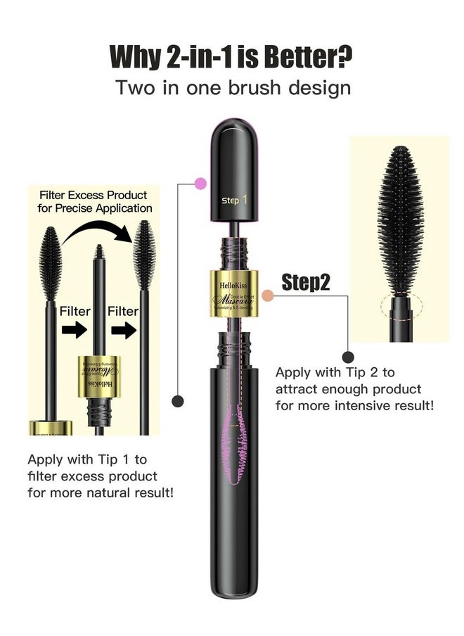 2In1 Vibely Mascara 5X Longer Lengthening And Thickening Mascara Waterproof Black Volume And Lengh Mascara Smudge-Proof Non Clumping Long Lasting Eye Makeup